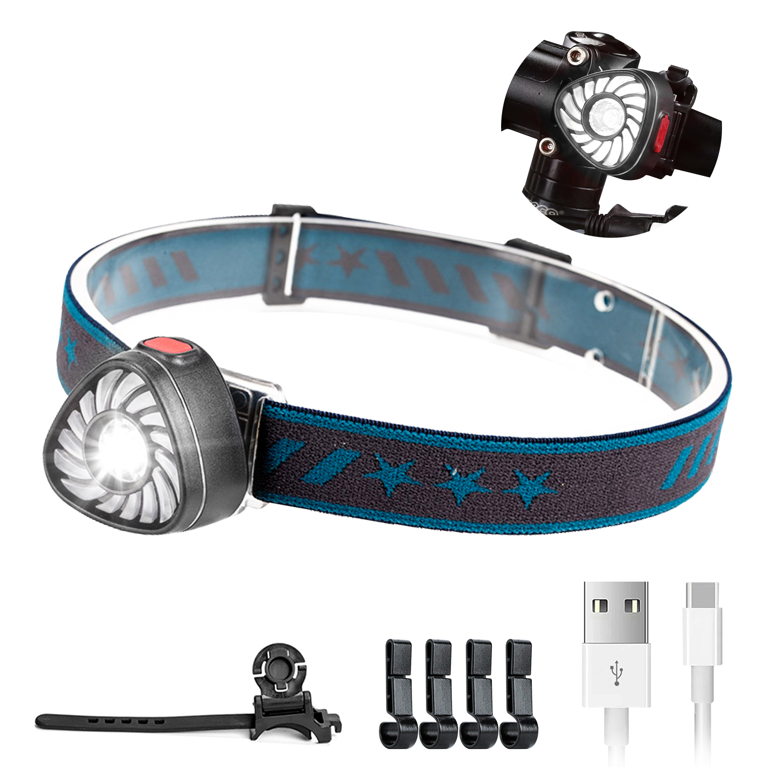 LED Rechargeable Headlamp for Adults, 1oz Lightweight Head Lamp with Red Light and 7 Modes, Bike Taillight with Bicycle Bracket and 4 Hooks, Waterproof Headlight for Running Cycling Reading